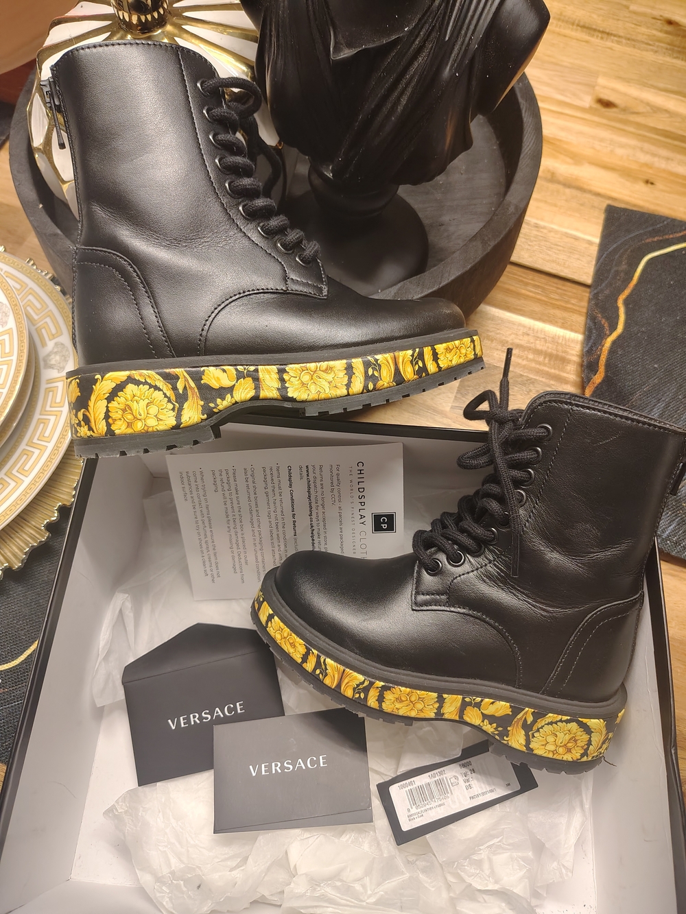 Versace Black Leather Combat Boots with Yellow Baroque Sole